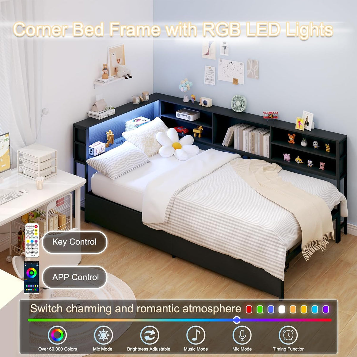 Corner Bed Frame Twin with Storage, L Shaped Daybed for Kids, Twin Corner Bed with Drawers, Shelves, RGB LED Lights & Charging Station, Sturdy Metal Kids Twin Bed for Girls Boys,Black
