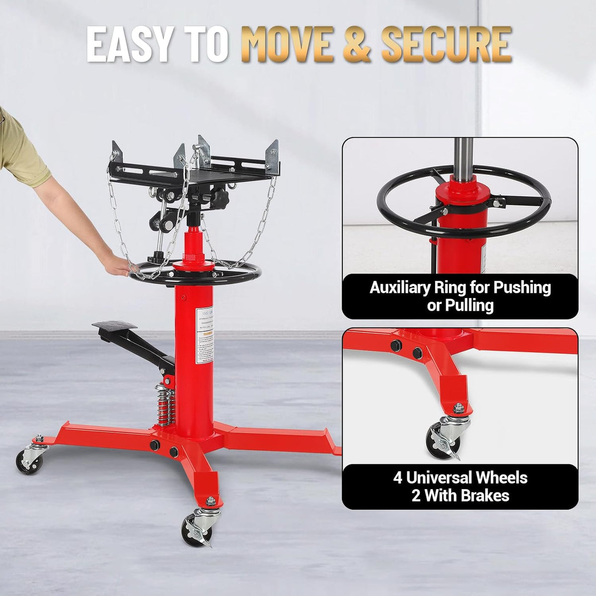 1322Lb Heavy Duty Transmission Jack, 33.5'-69' High Lift Hydraulic Telescoping Transmission Jack, 2-Stage Telescopic Transmission Stand with Foot Pedal & 360° Swivel Wheel, Red