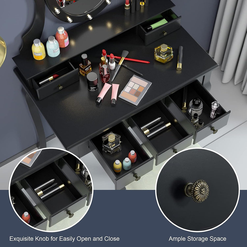 DORTALA Makeup Vanity Table Set, 5 Drawers Dressing Table w/ 360° Rotating Oval Mirror, Detachable Top, 12 LED Light Bulbs, Multifunctional Girl Dressing Table Set w/Vanity Padded Bench, Black