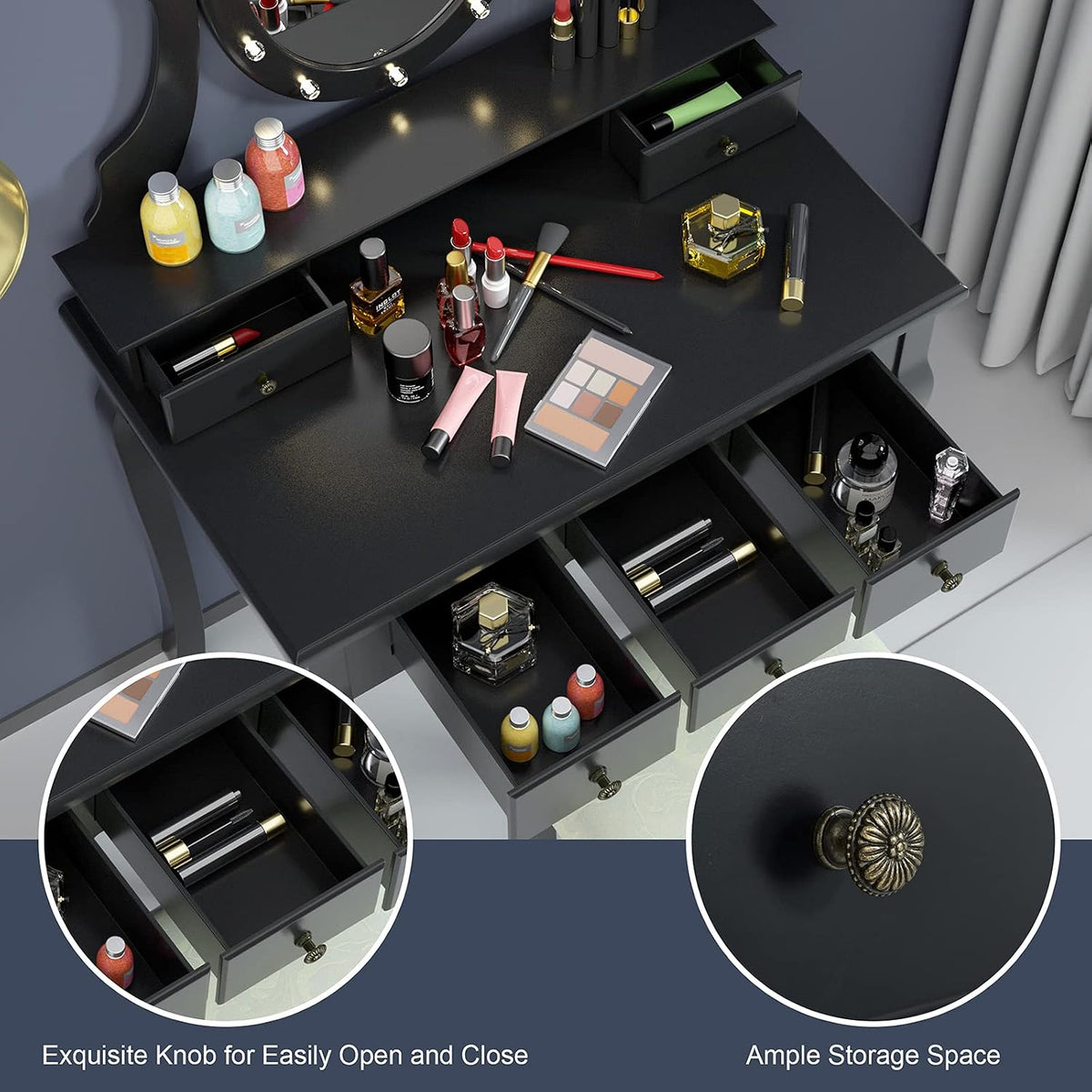 DORTALA Makeup Vanity Table Set, 5 Drawers Dressing Table w/ 360° Rotating Oval Mirror, Detachable Top, 12 LED Light Bulbs, Multifunctional Girl Dressing Table Set w/Vanity Padded Bench, Black