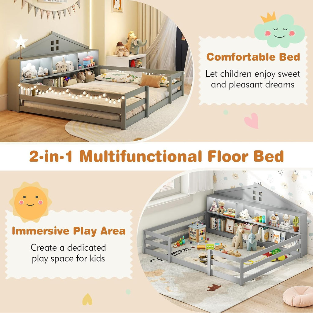 KOMFOTT Full Floor Bed with Bookcase & LED Light, Wood Bed Frame with Bedside Bookshelves & Guardrails, Versatile 2-in-1 Montessori Floor Bed for Kids (Grey)