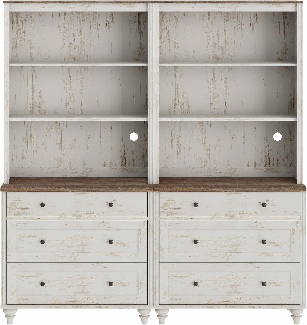 WAMPAT 3 Tier Bookshelf with 3 Drawers, 72' Tall Bookcase Large Farmhouse Display Book Case Shelf with 3-Tier Open Book Shelfs，Library Wood Bookshelves for Living Room,Kitchen, Rustic White (2PCS)