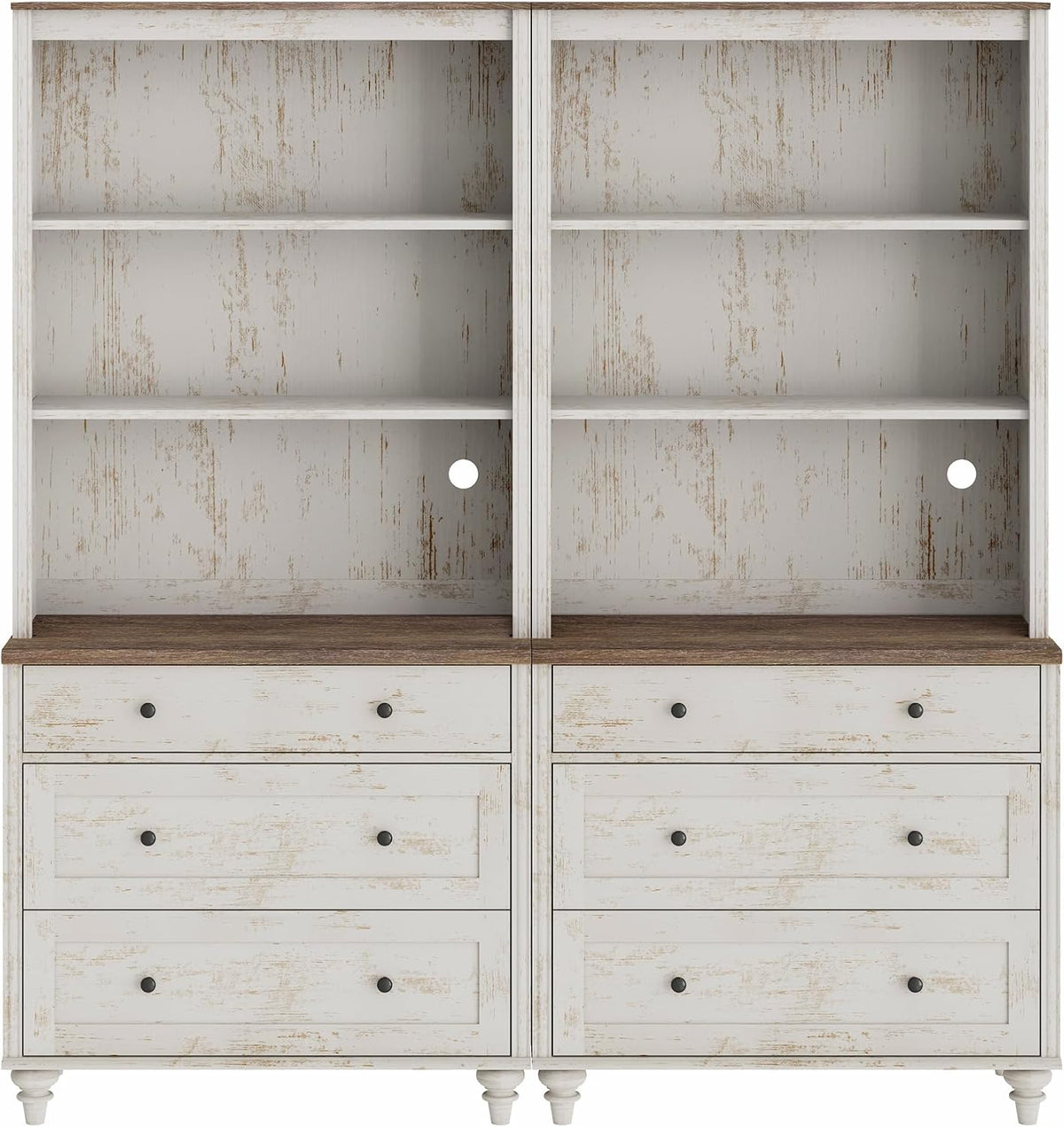 WAMPAT 3 Tier Bookshelf with 3 Drawers, 72' Tall Bookcase Large Farmhouse Display Book Case Shelf with 3-Tier Open Book Shelfs，Library Wood Bookshelves for Living Room,Kitchen, Rustic White (2PCS)