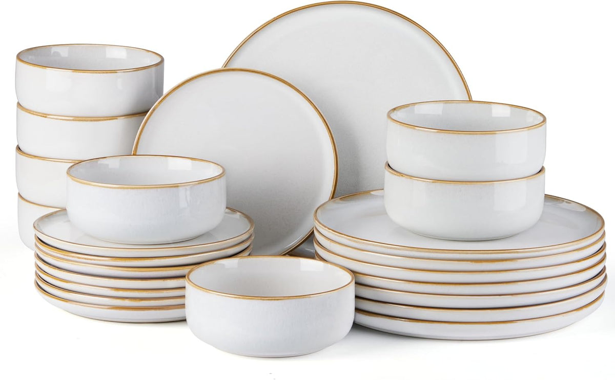 E-far Plates and Bowls Set for 8, 24-Piece Stoneware Dinnerware Sets, Ceramic Dinning Ware Reactive Glaze Dishes Set, Microwave & Dishwasher Safe - Seashell White