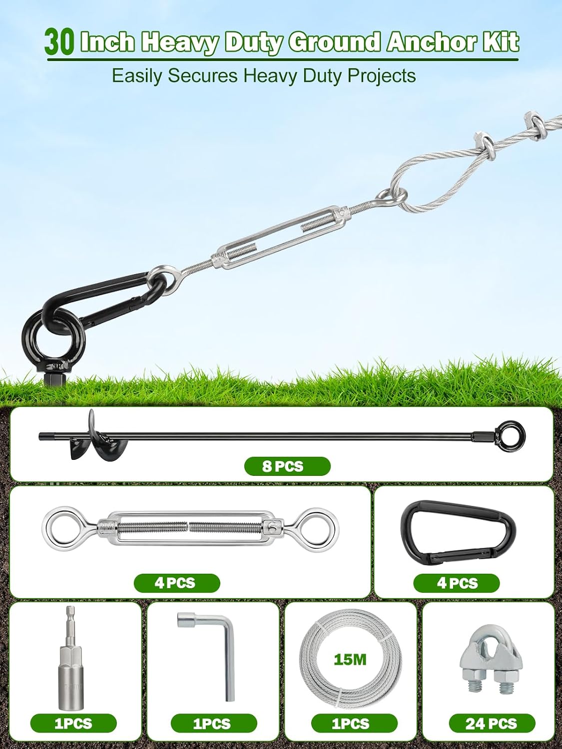 8 Pcs 30' Long Ground Anchors Shed Anchors Kit with 3/16' Galvanized Cable & Turnbuckles & Carabiners, Heavy Duty Earth Anchors for Sheds Trees Trampoline Greenhouse Swing Set Tent.