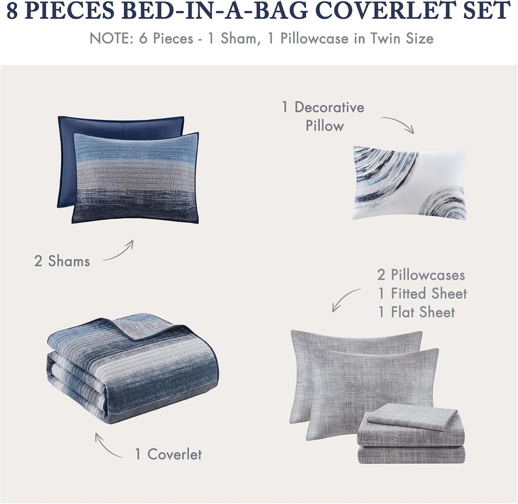 Madison Park Essentials Saben Cozy Bed in A Bag Reversible Quilt with Complete Cotton Sheet Set-Geometric Design All Season Cover, Decorative Pillow, Queen(90'x90'), Stripes Navy 8 Piece