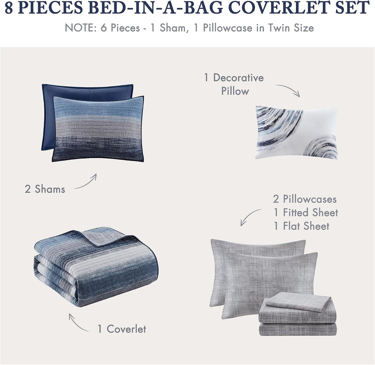 Madison Park Essentials Saben Cozy Bed in A Bag Reversible Quilt with Complete Cotton Sheet Set-Geometric Design All Season Cover, Decorative Pillow, Queen(90'x90'), Stripes Navy 8 Piece