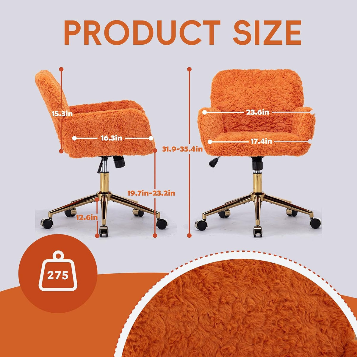 Plush Faux Fur Desk & Vanity Chair with Gold Base – Comfy Adjustable Girls Desk Chair, Makeup Chair, 360° Swivel, Tilt Backrest, Rolling Wheels – Modern Chic Home Office Seating,Orange