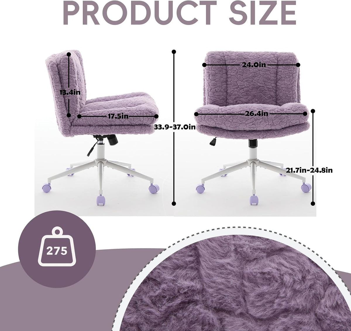 Upgraded Plush Faux Fur Criss Cross Office Vanity & Desk Chair with White Metal Base – Extra-Wide Seat & Tilt Backrest, Adjustable Swivel Makeup Chair for Bedroom, Study & Home Office, Lavender