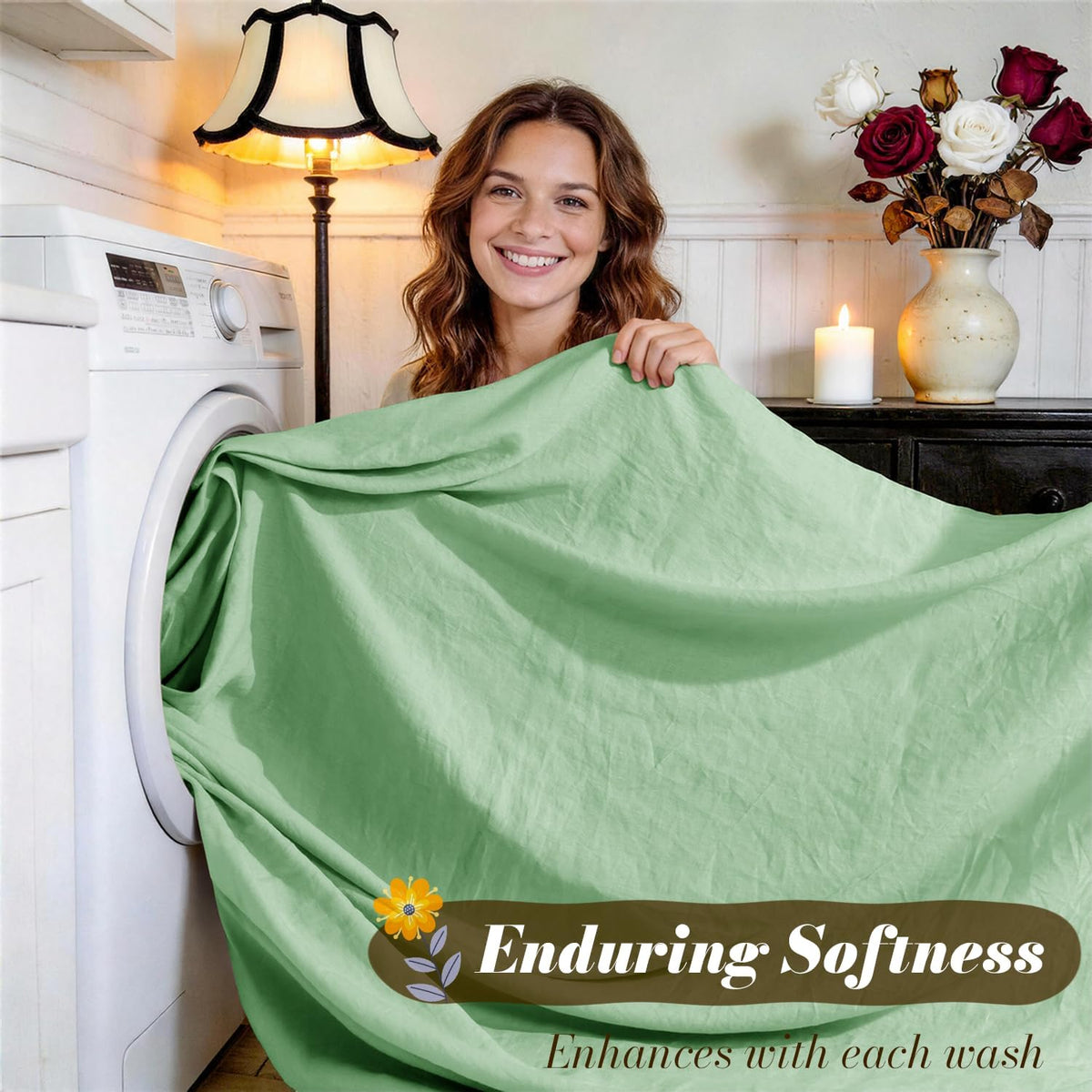 SONORO KATE 100% French Pure Linen Sheets, Breathable and Durable Linen King Size Sheets, Anti-Tear Linen Bed Sheets, Machine Washable, 16 Inch Deep Pocket - 4 Piece (Green, King)