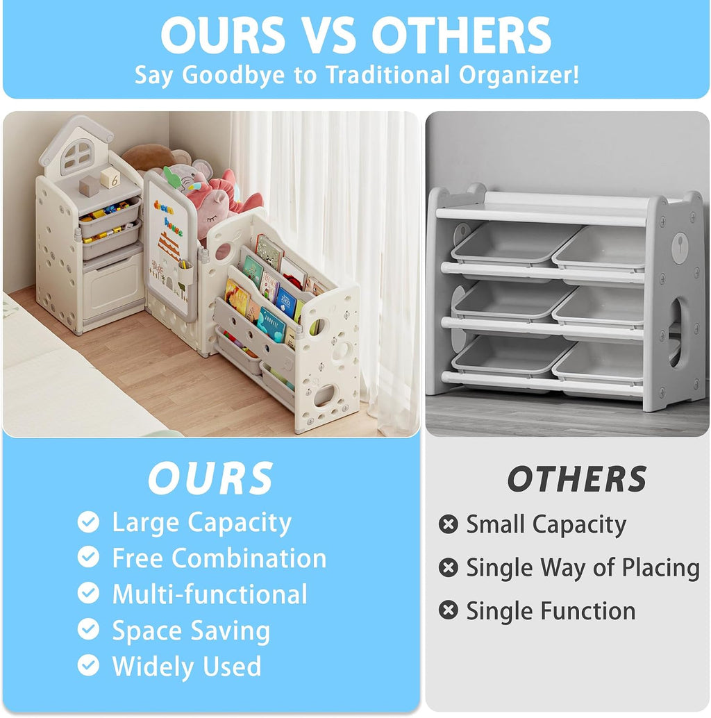 DEYGIA 3 in 1 Kids Toy Storage Organizer with Drawing Board, Foldable Multifunctional Toy Organizer with 4 Removable Bins and 3-Tier Bookshelf for Kids Bedroom Playroom Living Room, Off-White