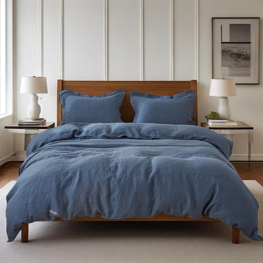 Simple&Opulence 100% Linen Duvet Cover Set, 3 PCS Classic Blue Duvet Cover Queen Size, Breathable Soft Comfy Linen Bedding Comforter Cover with 2 Pillowcases(Classic Blue, 88'x92')
