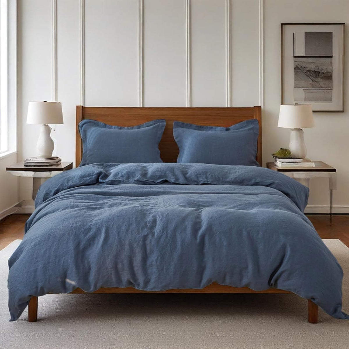 Simple&Opulence 100% Linen Duvet Cover Set, 3 PCS Classic Blue Duvet Cover Queen Size, Breathable Soft Comfy Linen Bedding Comforter Cover with 2 Pillowcases(Classic Blue, 88'x92')