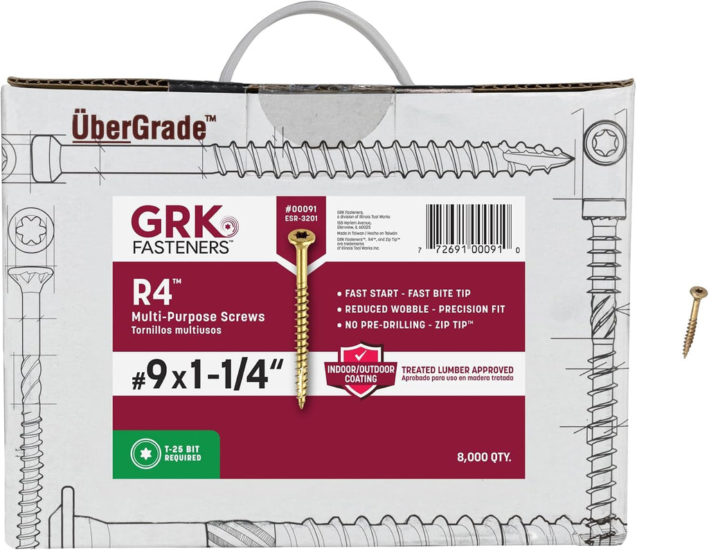 GRK Fasteners R4 #9 x 1-1/4 Inch, Multi-Purpose Framing Screws, 8000 PCS, Rust Resistant Climatek Coating, Outdoor Fencing and Deck Screws, Fast Bite Tip, Star Drive Recess, Gold