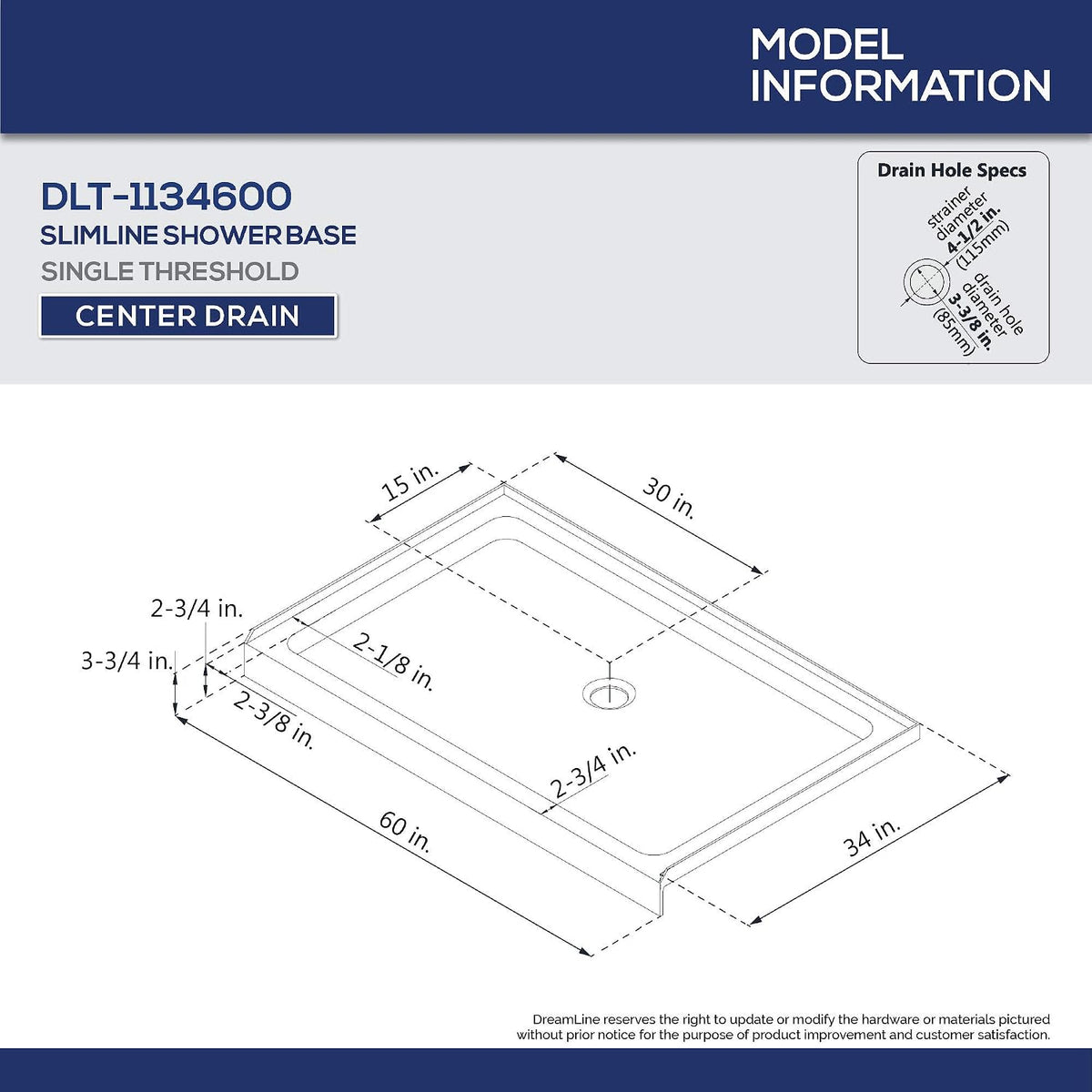 DreamLine 34 in. D x 60 in. W x 75 5/8 in. H Center Drain Acrylic Shower Base and QWALL-3 Backwall Kit In White, DL-6147C-01