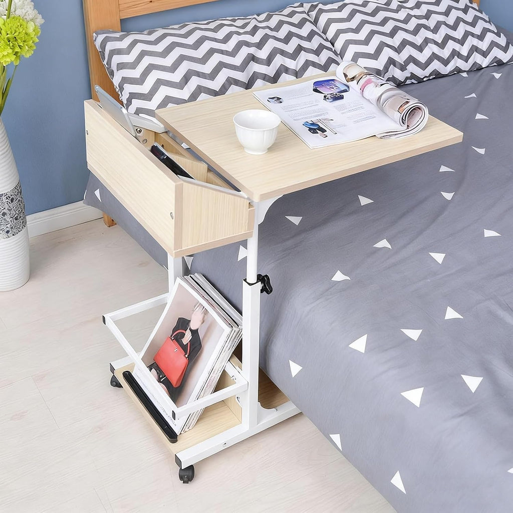 Height Adjustable Overbed Table with Wheels Mobile Computer Desk Makeup Vanity Desk with Storage, Mobile Laptop Standing Desk Cart(Beige)