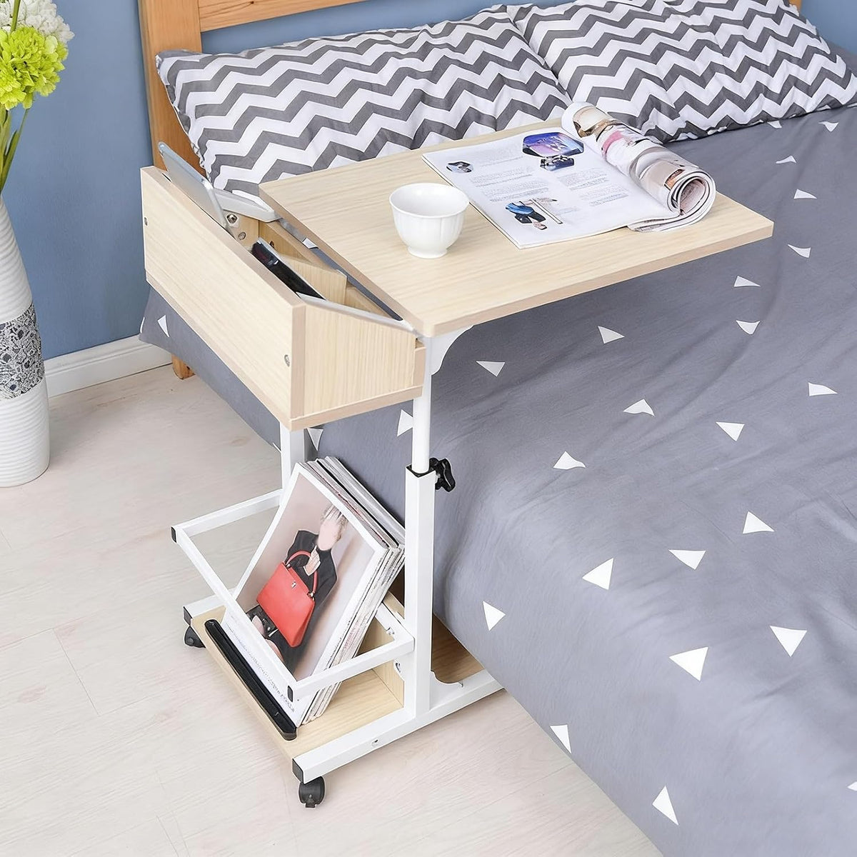 Height Adjustable Overbed Table with Wheels Mobile Computer Desk Makeup Vanity Desk with Storage, Mobile Laptop Standing Desk Cart(Beige)
