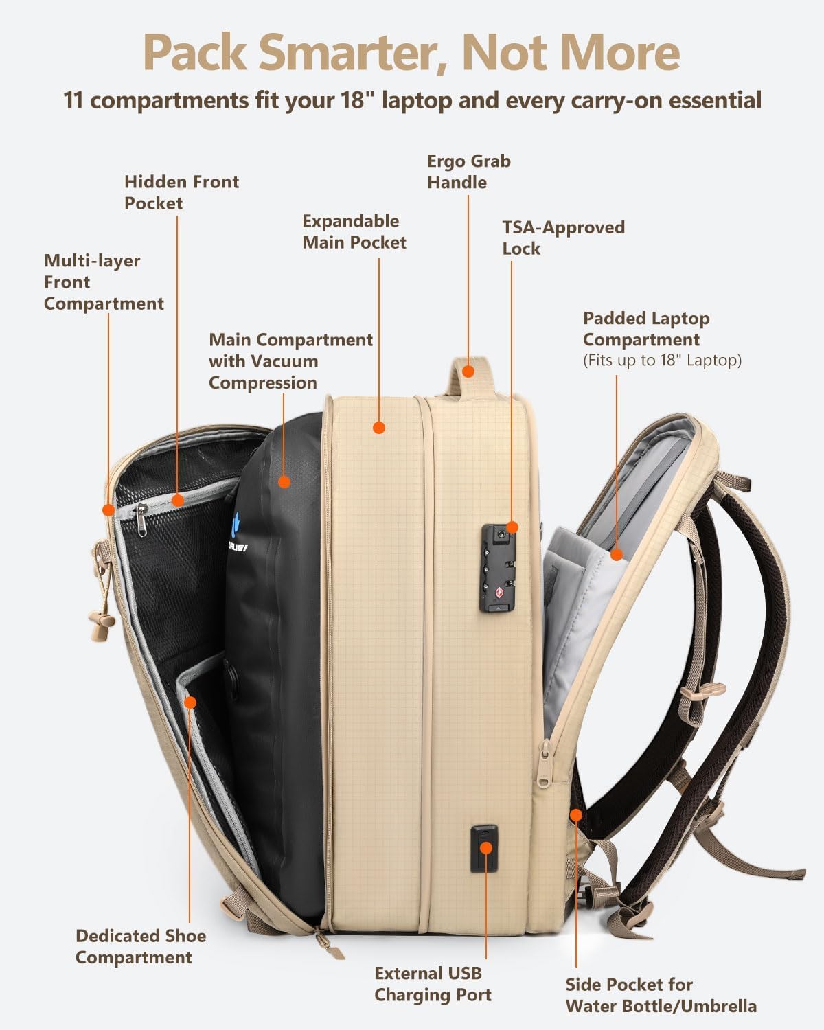 Zurligi Vacuum Seal Travel Backpack with Removable Hip Belt & Vacuum Bag with Pump, Compression Travel Backpack with Vacuum System Expandable 40-60L Carry-On Backpack for Travel Business