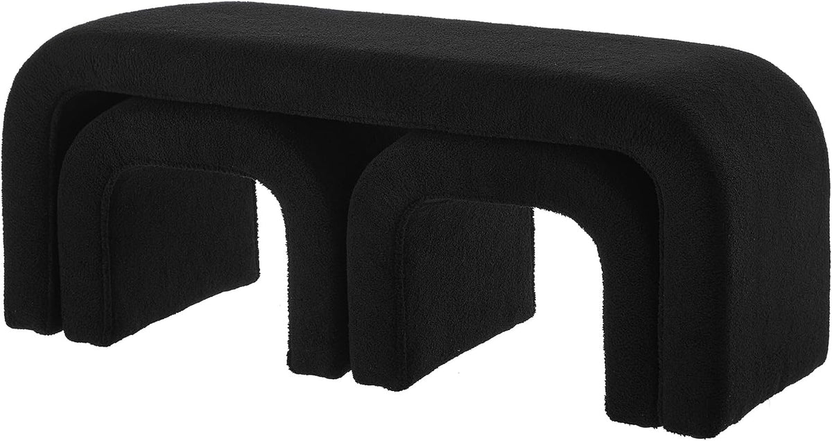 3-Piece Nesting Ottoman Bench Set - Black 44+16.5 Inch, Teddy Fabric, Modern Arched Design, Comfy Footrest/Seating for Bedroom, Living Room, Entry