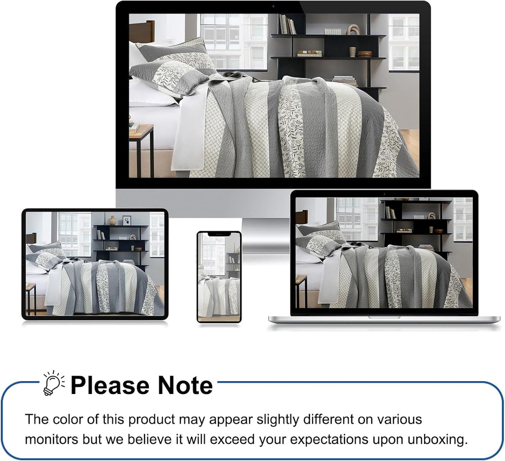 Stripe Quilts Queen Size - 100% Cotton Lightweight Quilt Bedding Set 3 Pieces, Vintage Vine Pattern Quilted Bedspread with 2 Pillow Shams, Farmhouse Printed Coverlet for All Season, Gray