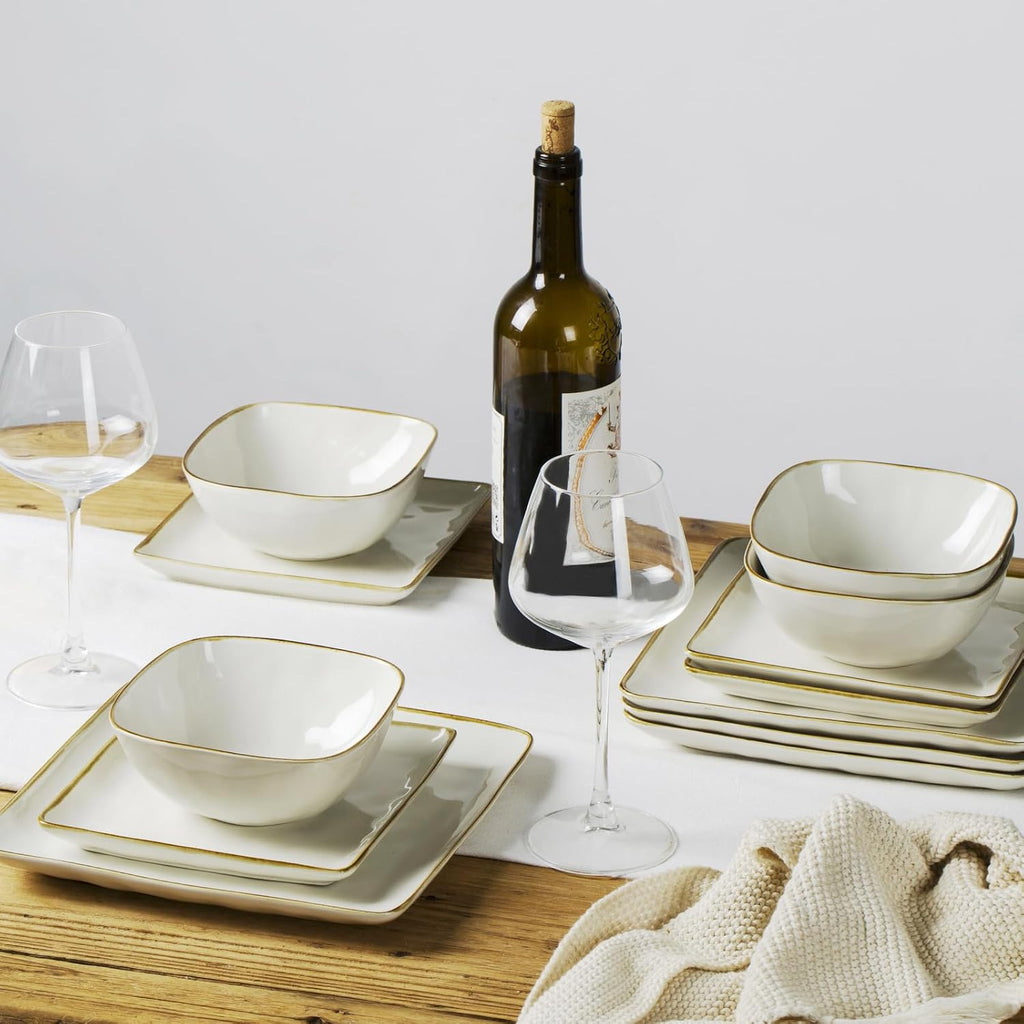 Famiware Ocean Square Plates and Bowls Sets for Kitchen, 16-Piece Dinnerware Sets for 4, Microwave and Dishwasher Safe, Vanilla White