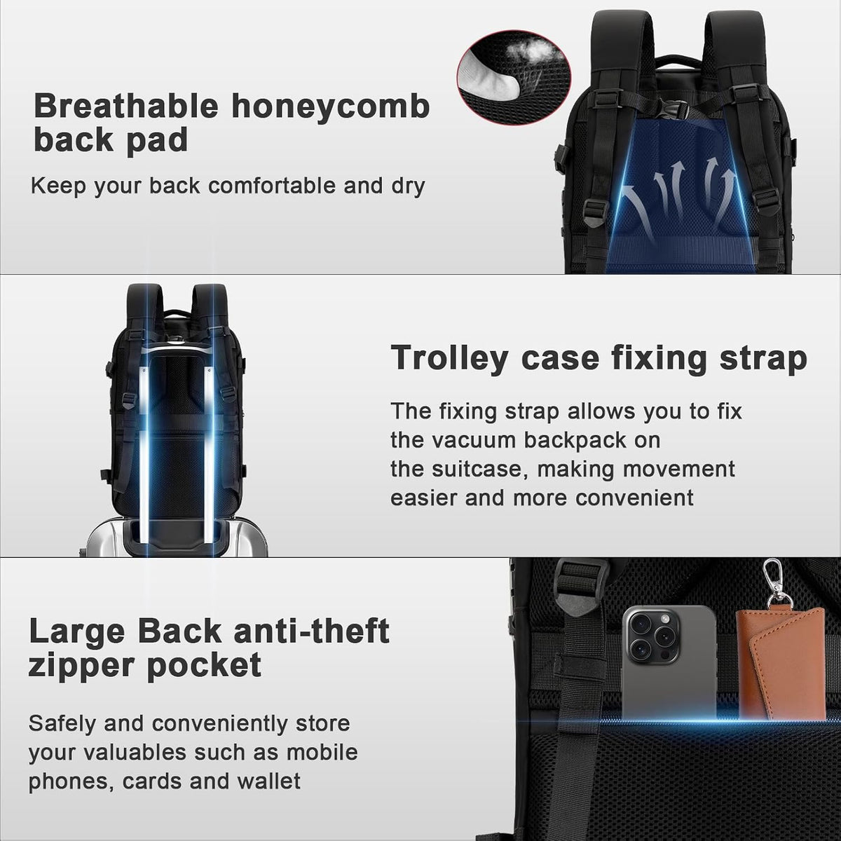 Vacuum Seal Travel Backpack 60L – Air Compression System, Water-Resistant Carry-On Backpack with TSA Lock, 17' Laptop Compartment, Vacuum Pump Included for Travel, Business - Black