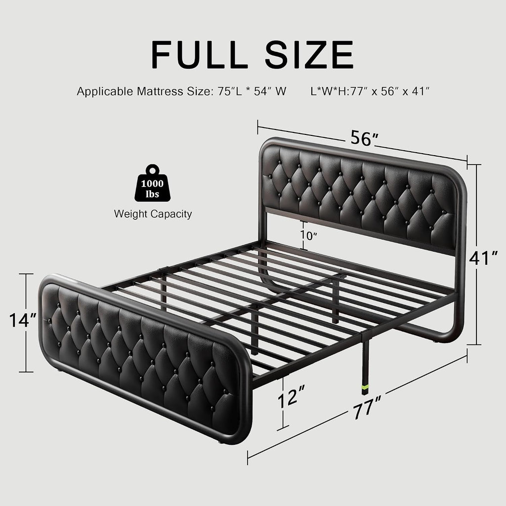 Einhomn Full Size Metal Bed Frame with Button Tufted Leather Upholstered Headboard and Footboard, U-Shape Support Foundation, No Box Spring Required, Black
