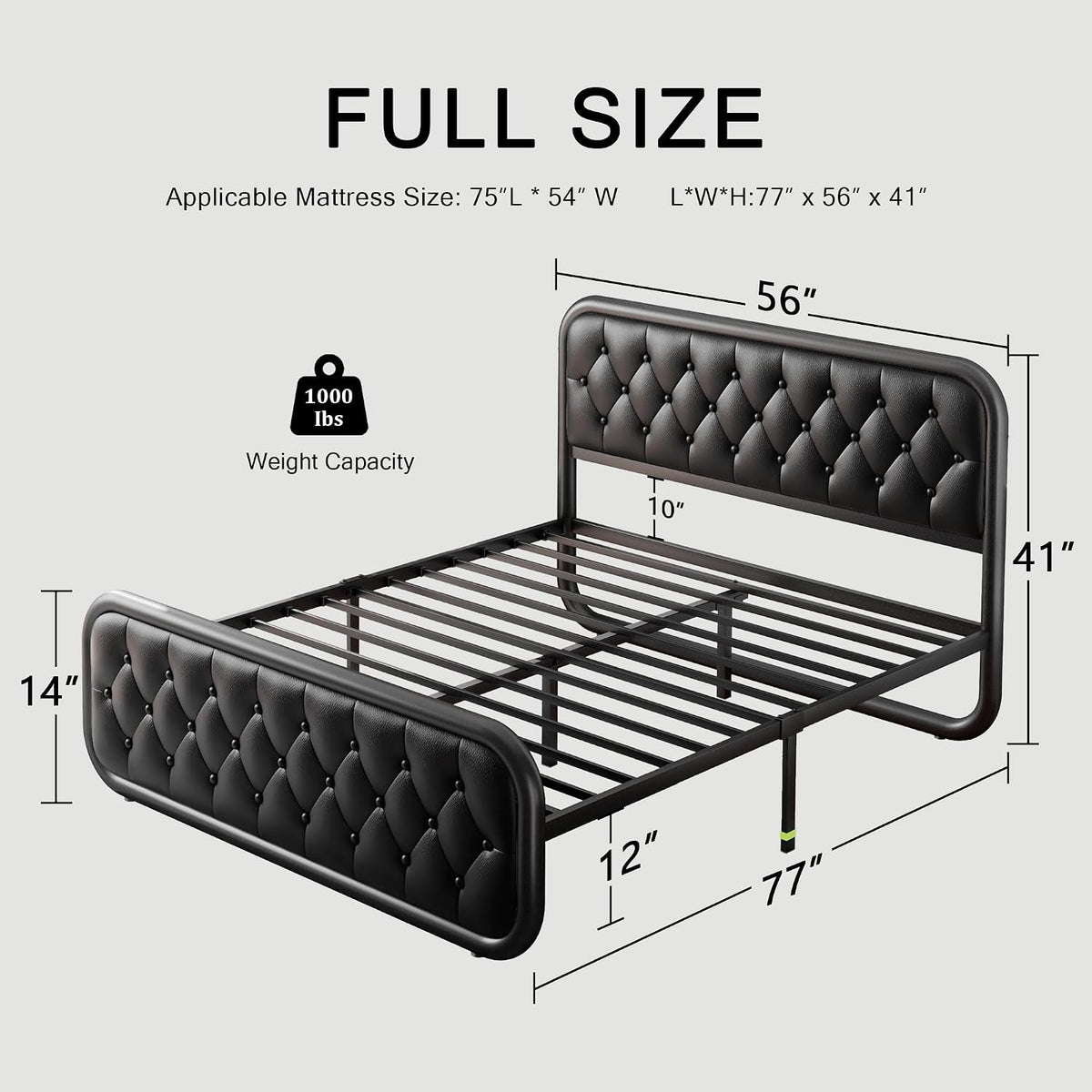 Einhomn Full Size Metal Bed Frame with Button Tufted Leather Upholstered Headboard and Footboard, U-Shape Support Foundation, No Box Spring Required, Black