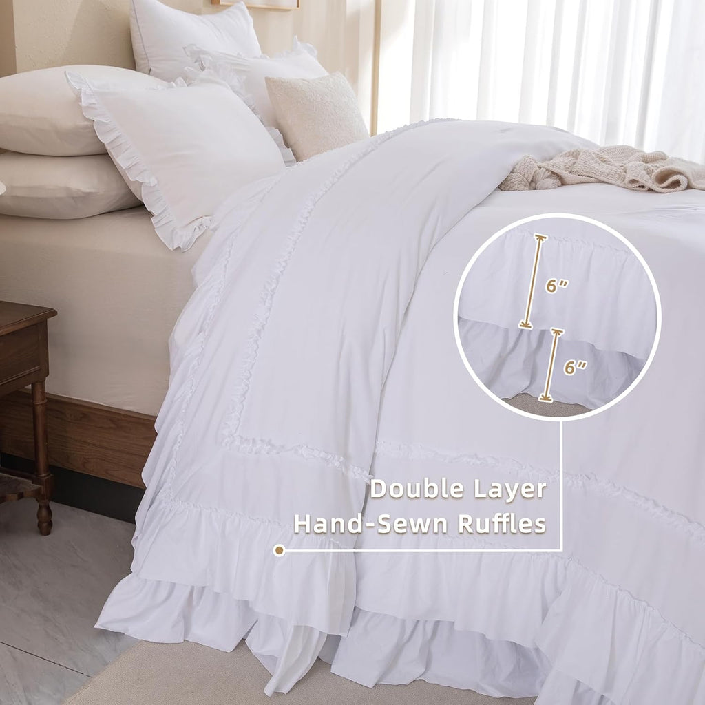 QSH Oversized King Comforter Set 120x120, White Farmhouse Ruffled Bed Comforter Shabby French Country Rustic Vintage Bedding Comforter Microfiber Soft Lightweight Fluffy Bedding 3 PCs