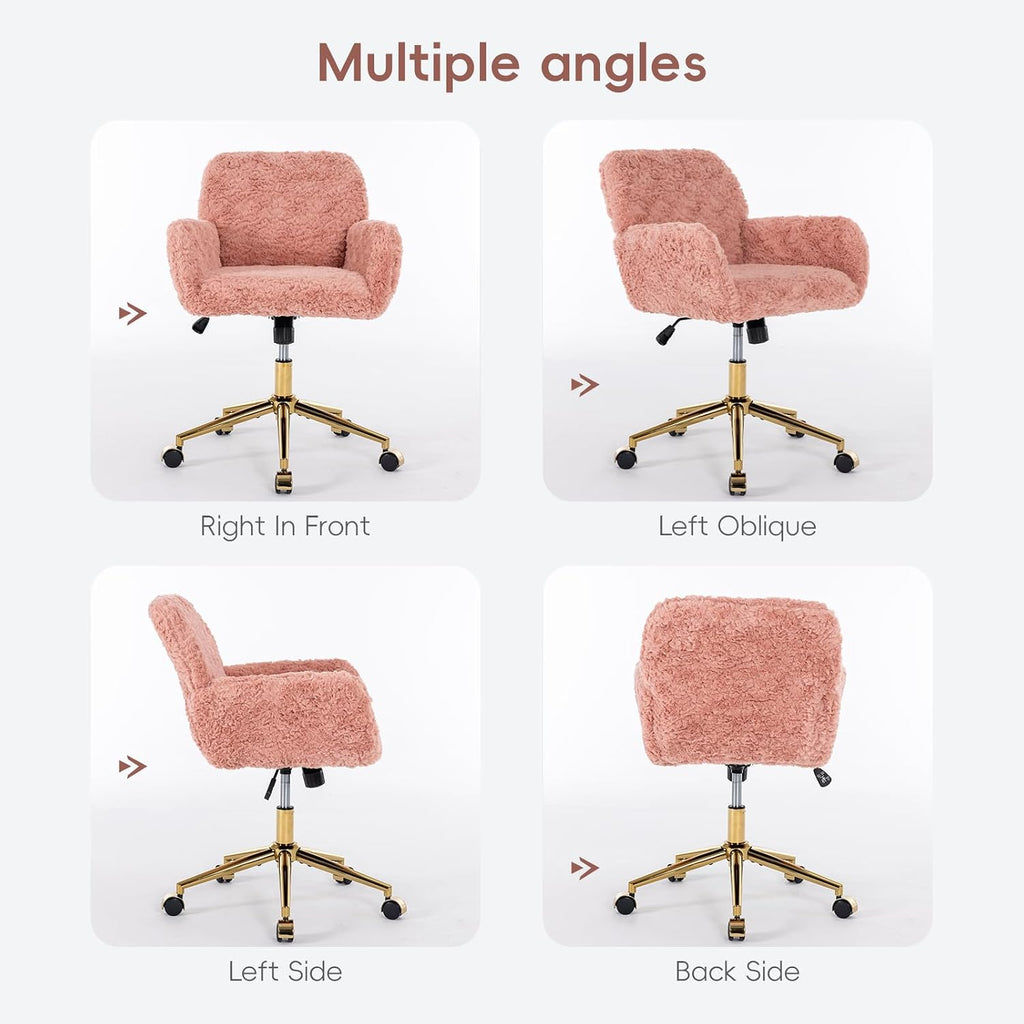 Plush Faux Fur Desk & Vanity Chair with Gold Base – Comfy Adjustable Girls Desk Chair, Makeup Chair, 360° Swivel, Tilt Backrest, Rolling Wheels – Modern Chic Home Office Seating,Pink