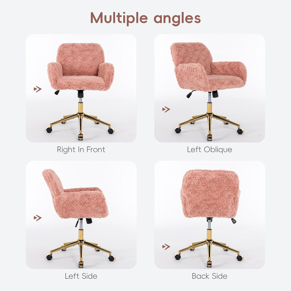 Plush Faux Fur Desk & Vanity Chair with Gold Base – Comfy Adjustable Girls Desk Chair, Makeup Chair, 360° Swivel, Tilt Backrest, Rolling Wheels – Modern Chic Home Office Seating,Pink