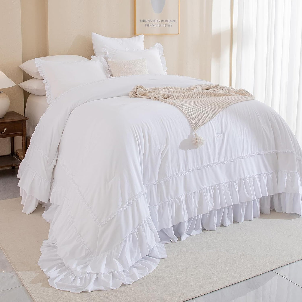 QSH Oversized King Comforter Set 120x120, White Farmhouse Ruffled Bed Comforter Shabby French Country Rustic Vintage Bedding Comforter Microfiber Soft Lightweight Fluffy Bedding 3 PCs