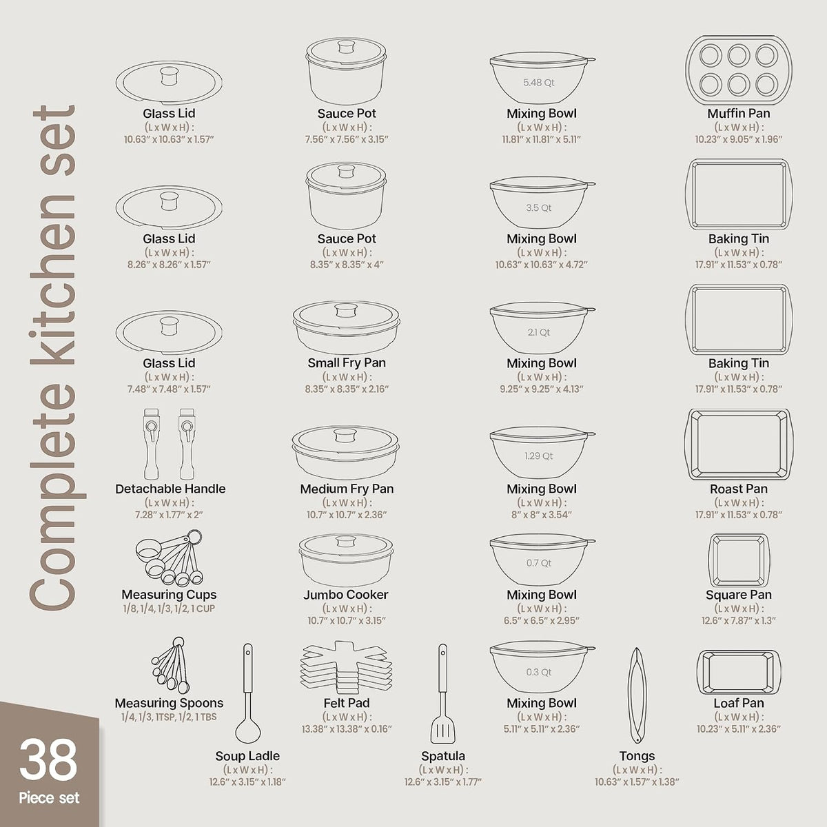Bakken Master 38 Piece Granite Cookware and Bakeware Set – Nonstick Granite Coating, Pots and Pans with Detachable Handles and Tempered Glass Lids, 6-piece Bakeware set, 12-piece Mixing Bowls,Brown