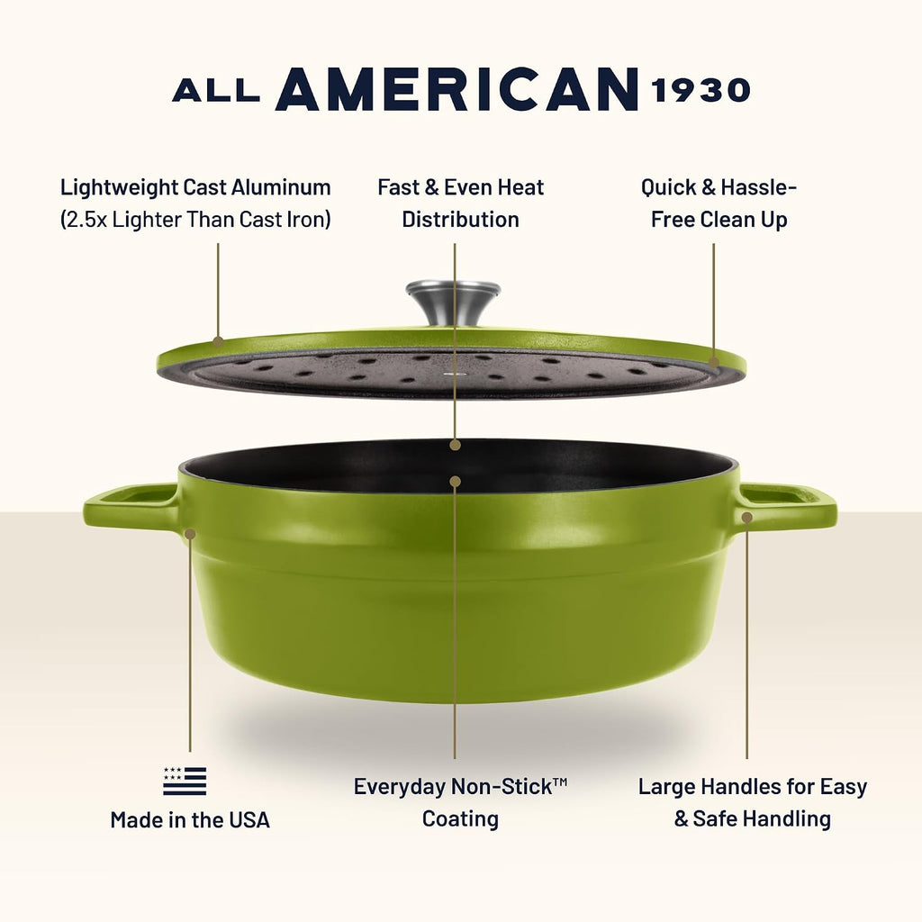 All American 1930 - Dutch Oven - The Saucier Set, Kelp Green - 5.5qt Capacity - Perfect for Sauces, Soups & Simmering - Non Stick & PFAS Free - Made in the USA