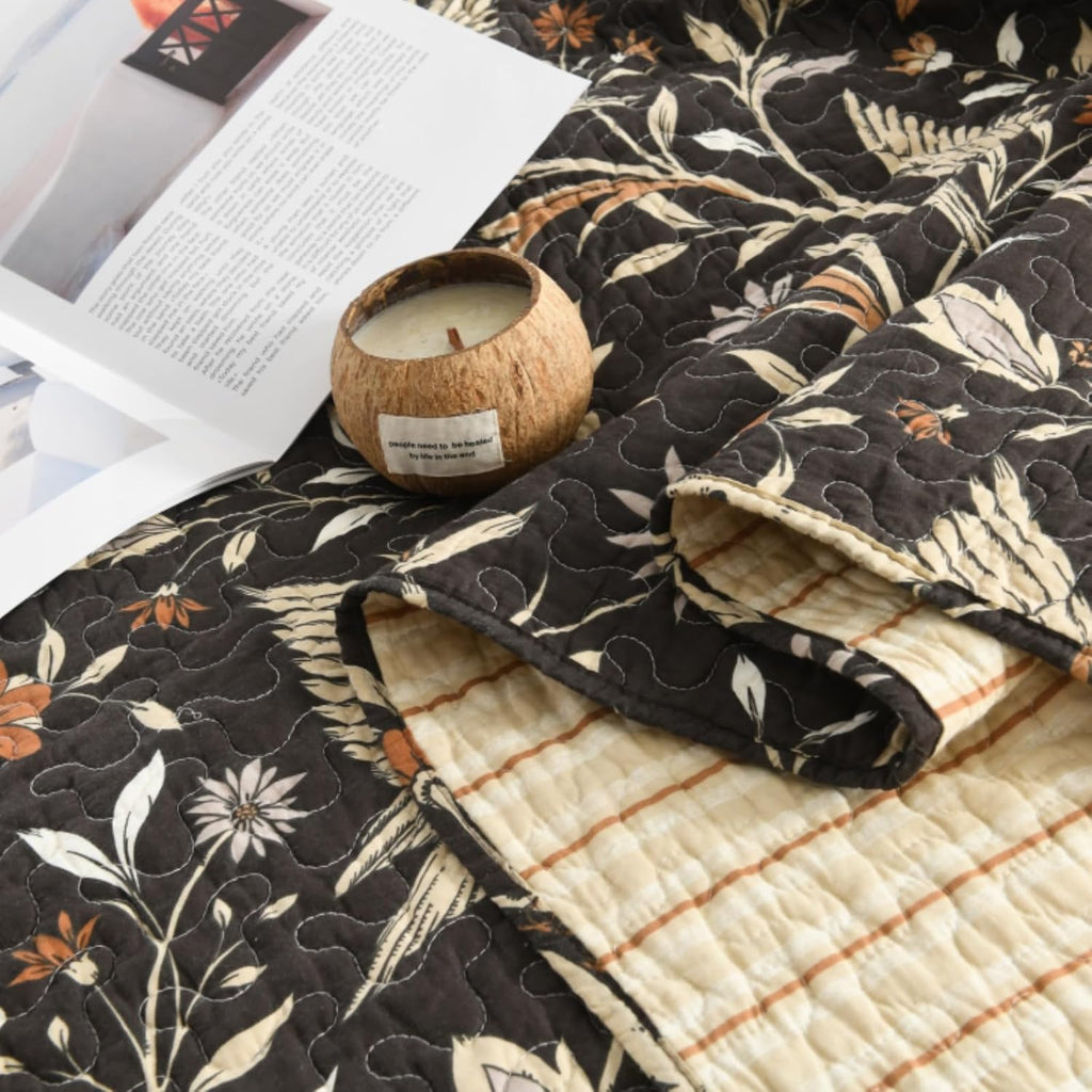 Uniclinens Botanical Quilts Queen Size, 100% Cotton Quilt Bedding Set Vintage Bird Pattern Queen Bedspread, Chic Lightweight Quilted Comforter Coverlet Set, 3 Pieces, All Season, Chocolate Brown/Beige