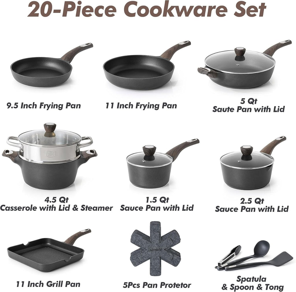 SENSARTE 20 Pcs Pots and Pans Set Nonstick, Induction Cookware Sets,1.5 Quart Nonstick Sauce Pan with Lid,Non stick Saucier Pan, Induction Comptable, PFOA Free