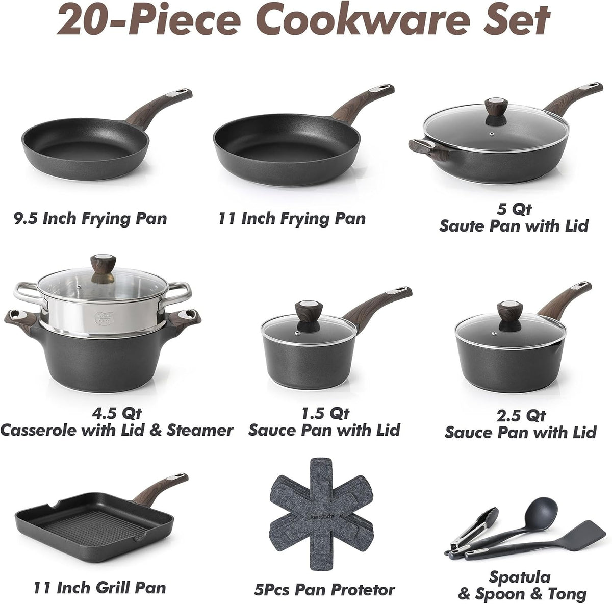 SENSARTE 20 Pcs Pots and Pans Set Nonstick, Induction Cookware Sets,1.5 Quart Nonstick Sauce Pan with Lid,Non stick Saucier Pan, Induction Comptable, PFOA Free