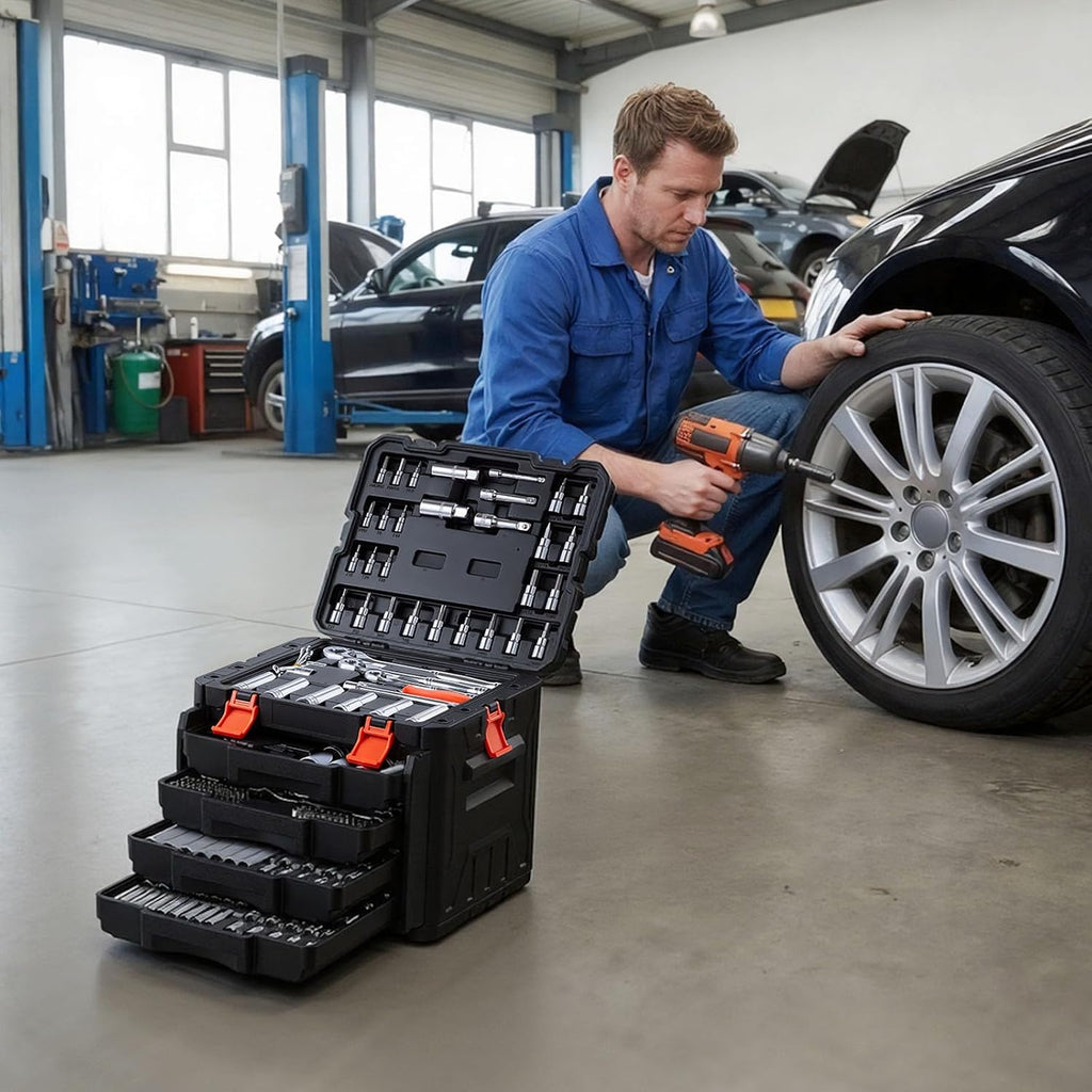 VEVOR Mechanics Tool Set, 297-Piece Mechanic Tool Kit, 1/4 in, 3/8 in, and 1/2 in Drive, SAE and Metric Socket Set, Wrenches, Screwdriver Bits, Accessories, and Storage Case, for Automotive Repair