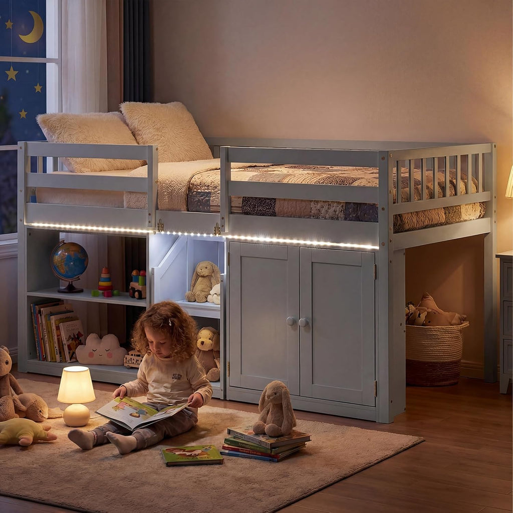 Giantex Low Loft Bed Twin Size with LED Lights, Wooden Bed Frame w/Stairs, Safety Guardrails, Storage Cabinet, Bookshelf & Under-Bed Play Space, Modern Kids Loft Bed for Boys Girls (Grey)