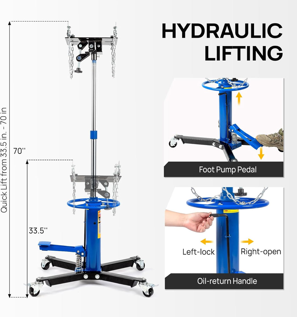 TUFFIOM Transmission Jack, 1100 lbs 1/2Ton Hydraulic 2-Stage High Lift Vertical Telescoping Floor Jack Stand, 34' to 68' Lifting Range, w/Pedal, 360° Swivel Wheels, Garage/Shop Lift Hoist, Blue