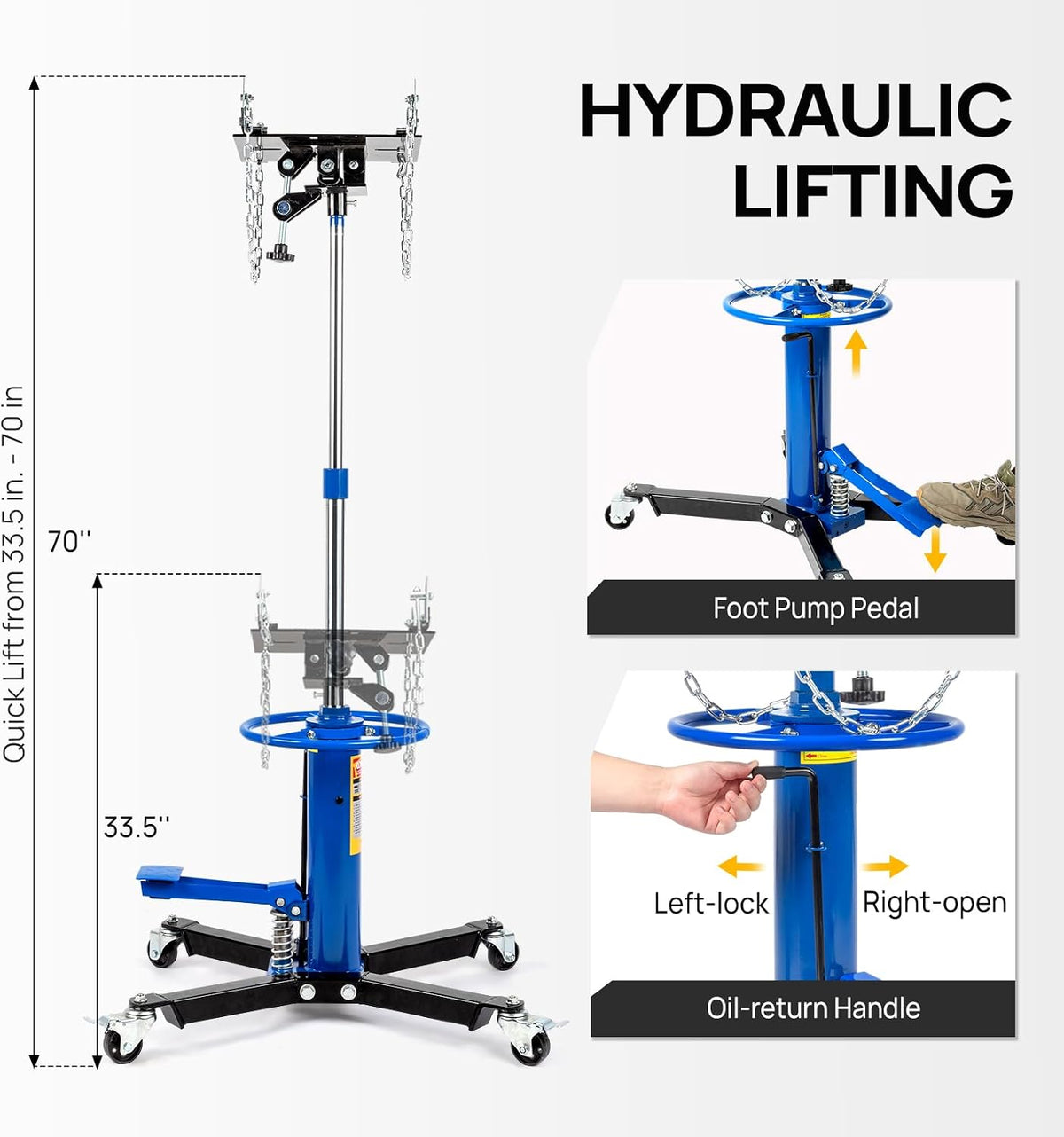 TUFFIOM Transmission Jack, 1100 lbs 1/2Ton Hydraulic 2-Stage High Lift Vertical Telescoping Floor Jack Stand, 34' to 68' Lifting Range, w/Pedal, 360° Swivel Wheels, Garage/Shop Lift Hoist, Blue