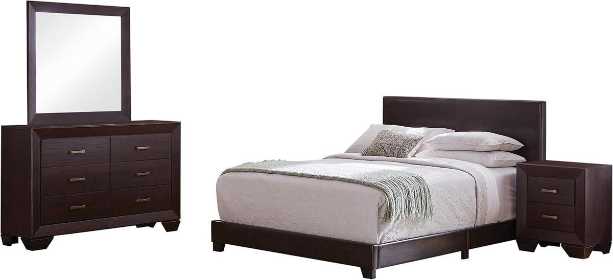 Coaster Home Furnishings Dorian Transitional 4-Piece Bedroom Set Leatherette Upholstered Queen Size Panel Bed Frame 46-inch Headboard Dark Cocoa 300762Q-S4