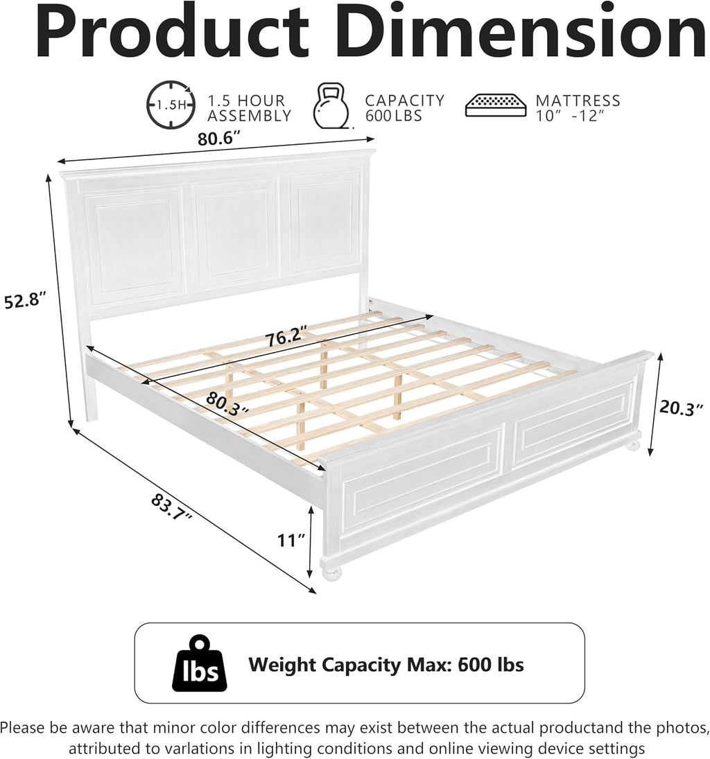 King Size Solid Wood Platform Bed Frame,Wood Bed with USB Charging Station, Solid Wood Leg/No Box Spring Needed/Noise Free/White
