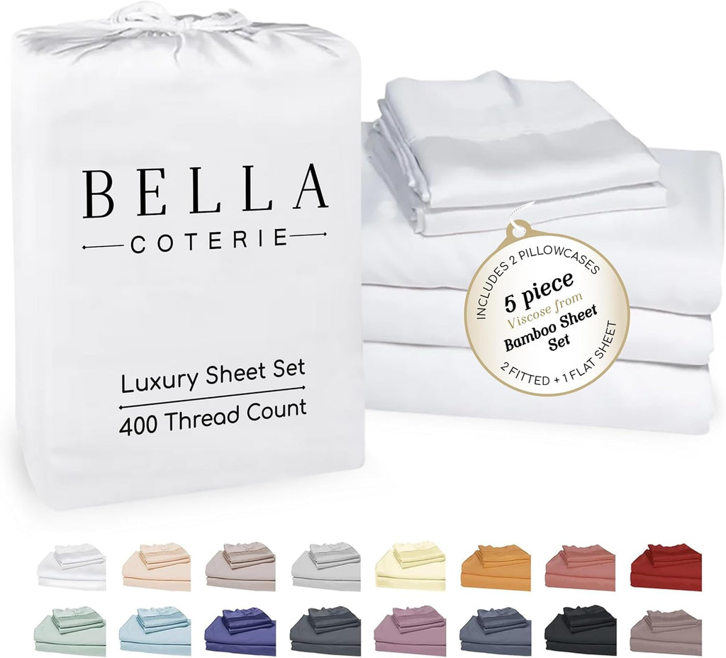Bella Coterie Luxury Bamboo Viscose Split King Size Sheet Set | 2 Fitted Sheets for Sleep Number & Adjustable Beds | 100% Organically Grown | Cooling & Ultra Soft | 18' Deep Pocket [White]