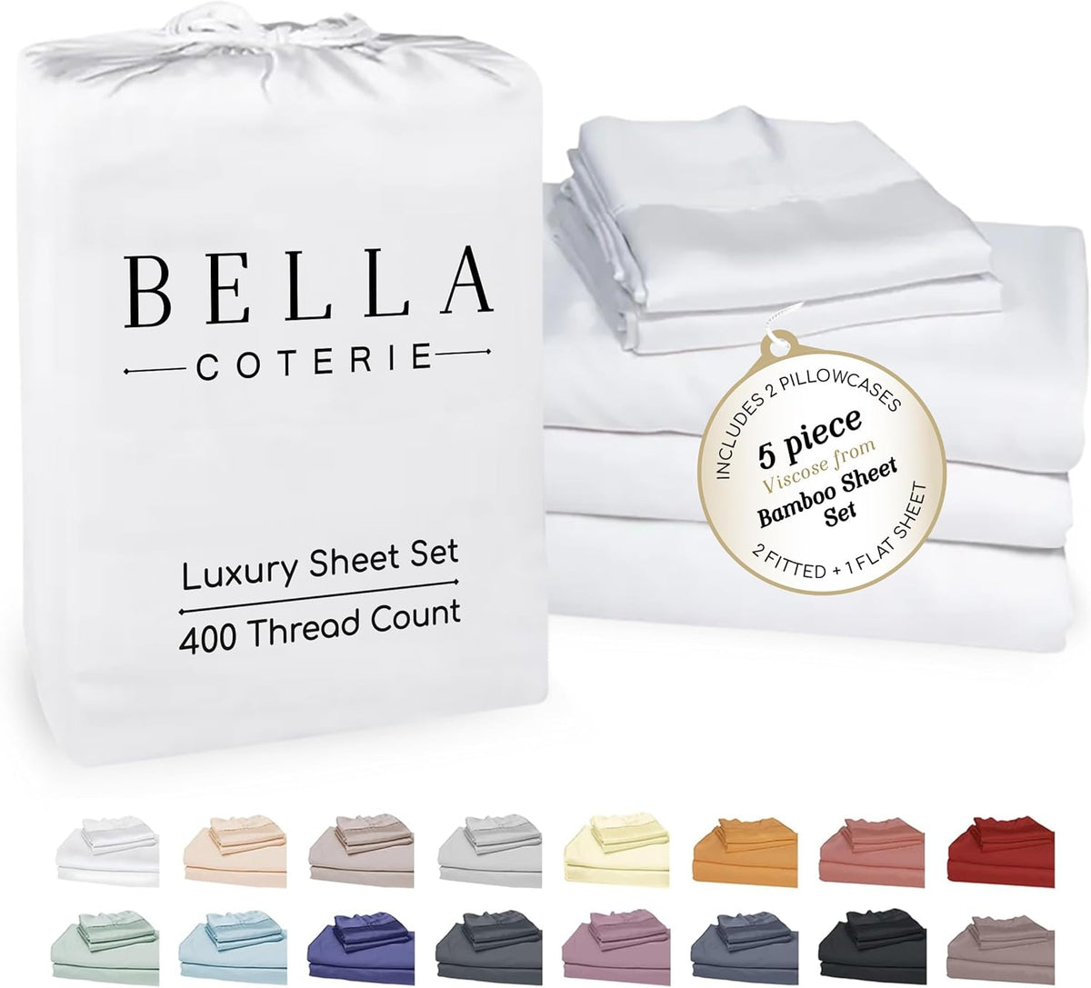 Bella Coterie Luxury Bamboo Viscose Split King Size Sheet Set | 2 Fitted Sheets for Sleep Number & Adjustable Beds | 100% Organically Grown | Cooling & Ultra Soft | 18' Deep Pocket [White]