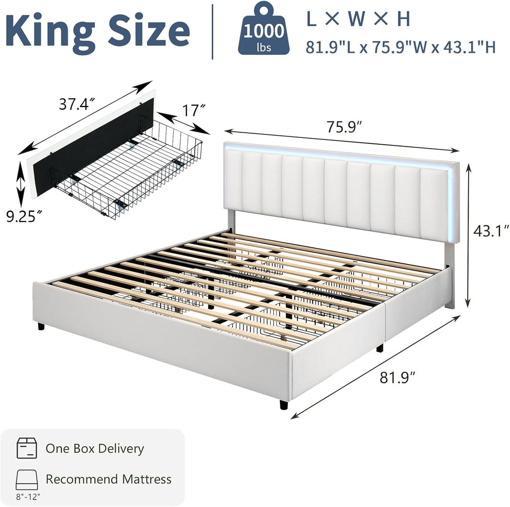 IMMERSTABLE King Size Bed Frame with 4 Drawers, Bed Frame King with LED Lights, Upholstered King Bed and Headboard, No Box Spring Needed, Noise-Free, Easy Assembly, White