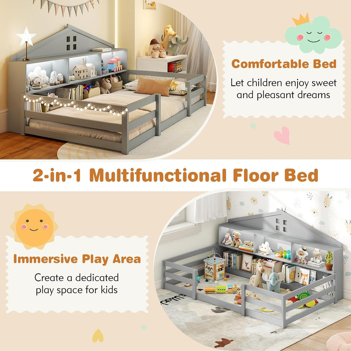 KOMFOTT Twin Floor Bed with Bookcase & LED Light, Wood Bed Frame with Bedside Bookshelves & Guardrails, Versatile 2-in-1 Montessori Floor Bed for Kids (Grey)