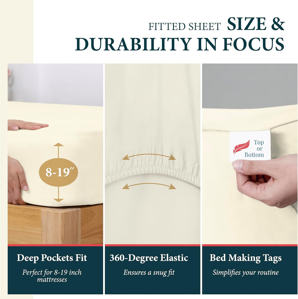 100% Egyptian Cotton Sheets Queen Size Bed Set - Luxury 1500 Series Prestige Collection Queen Sheet Set (4 PC, Ivory), 17' Deep Pocket, Silky Soft, Cooling, Sateen Weave Bedding