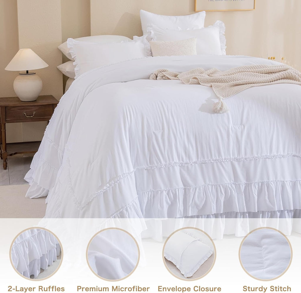 QSH White Oversized California King Ruffle Bed Comforter Set 128x120, Farmhouse Shabby Vintage Ruffled Comforter French Country Rustic Bedding Comforter Microfiber Fluffy Soft Bedding 3 PCs