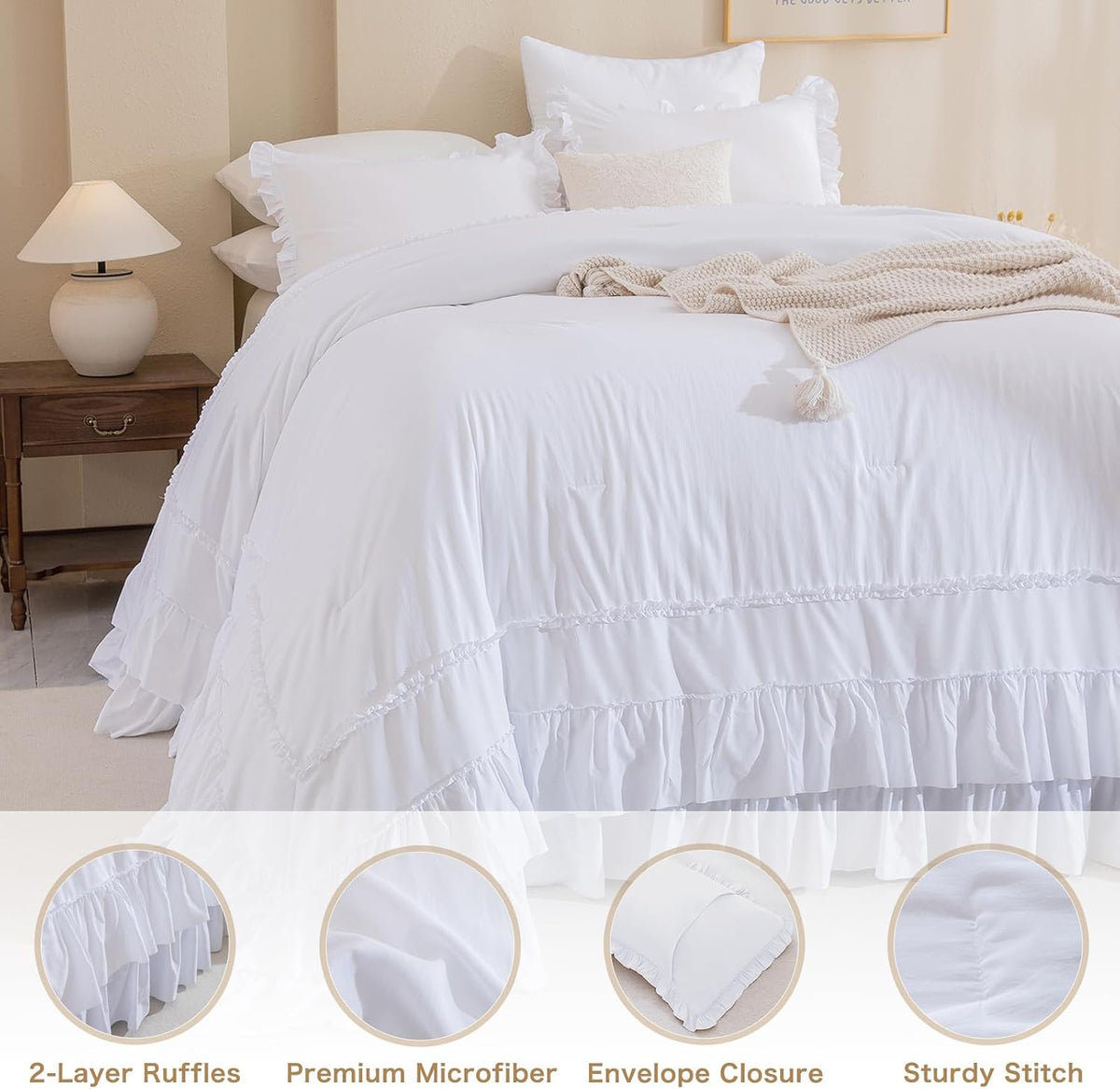 QSH White Oversized California King Ruffle Bed Comforter Set 128x120, Farmhouse Shabby Vintage Ruffled Comforter French Country Rustic Bedding Comforter Microfiber Fluffy Soft Bedding 3 PCs
